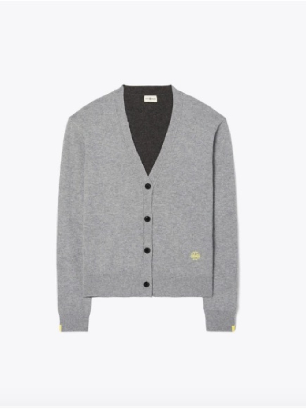 Tory Burch Light Gray Cashmere V-Neck Button Cardigan with Yellow Logo Accent